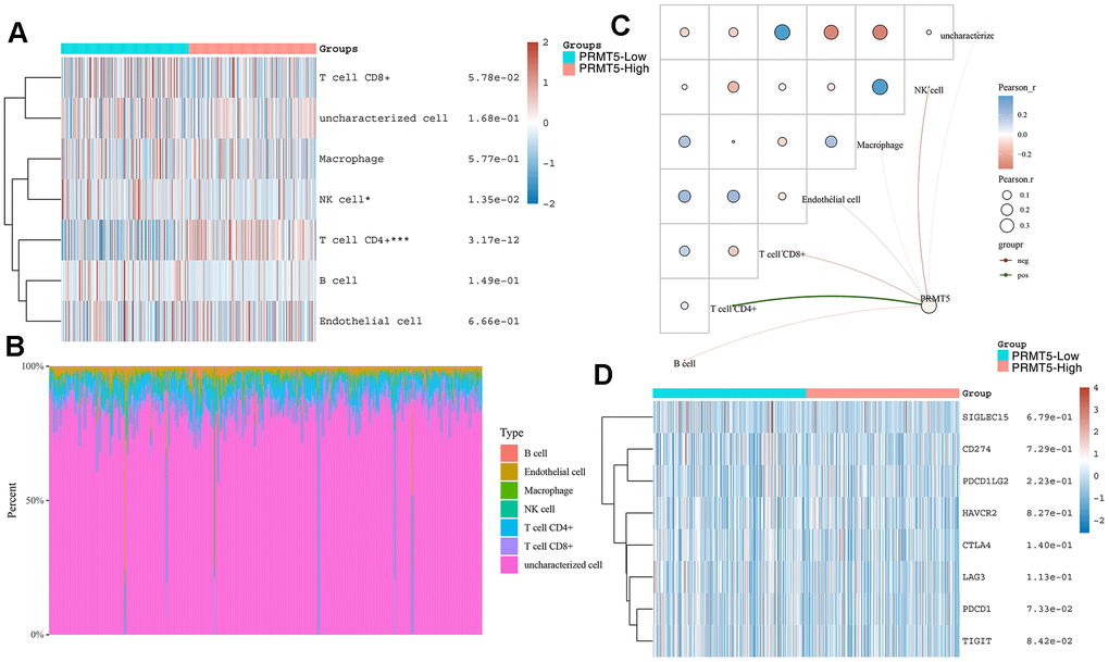 Correlation between PRMT5 expression and various immune cells infiltration and expression distribution of immune checkpoint. (A–C) The immune score and (D) immune-checkpoint-related gene expression and PRMT5 expression. Each box in the figure represents the correlation analysis between the expression of the PRMT5 and the immune score and immune checkpoint in corresponding tumors. *p 