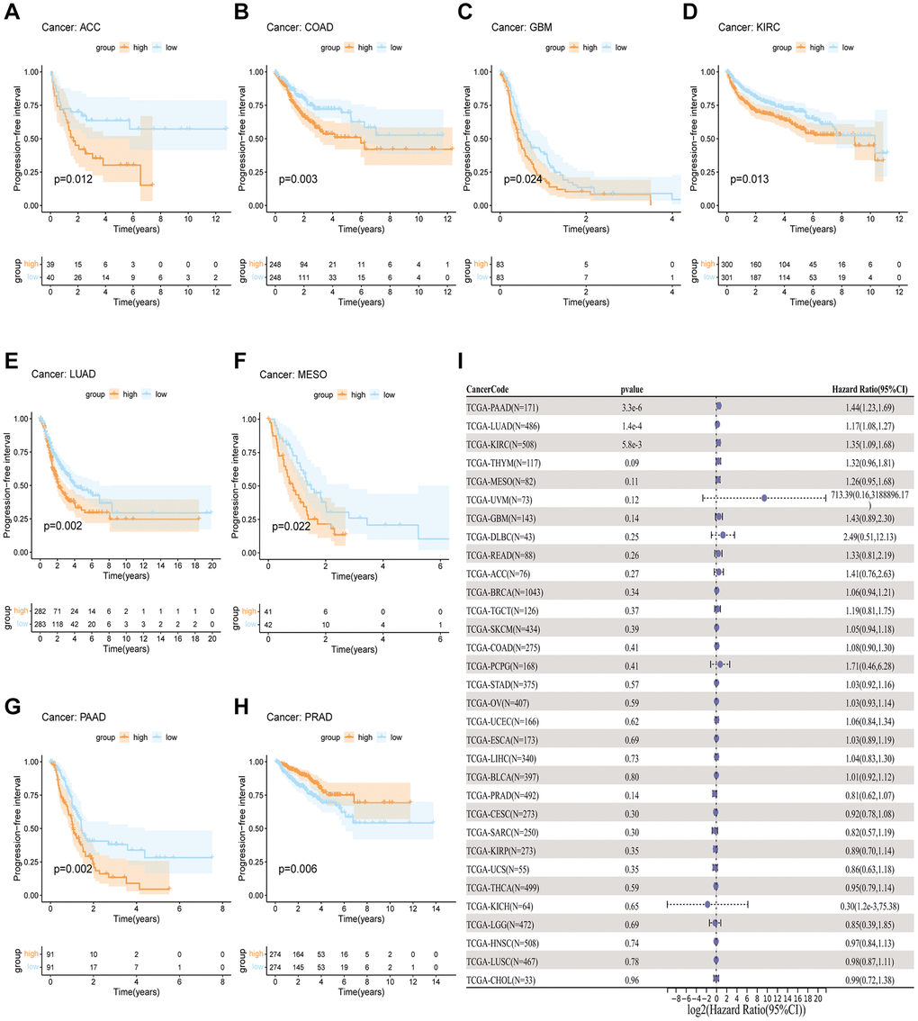 A comparison of PFI prognosis in various types of cancers according to GJB3 expression. (A–H) In the Kaplan-Meier curves, GJB3 expression is correlated with PFI expression. (I) Forest plot demonstrating the association between GJB3 and PFI.