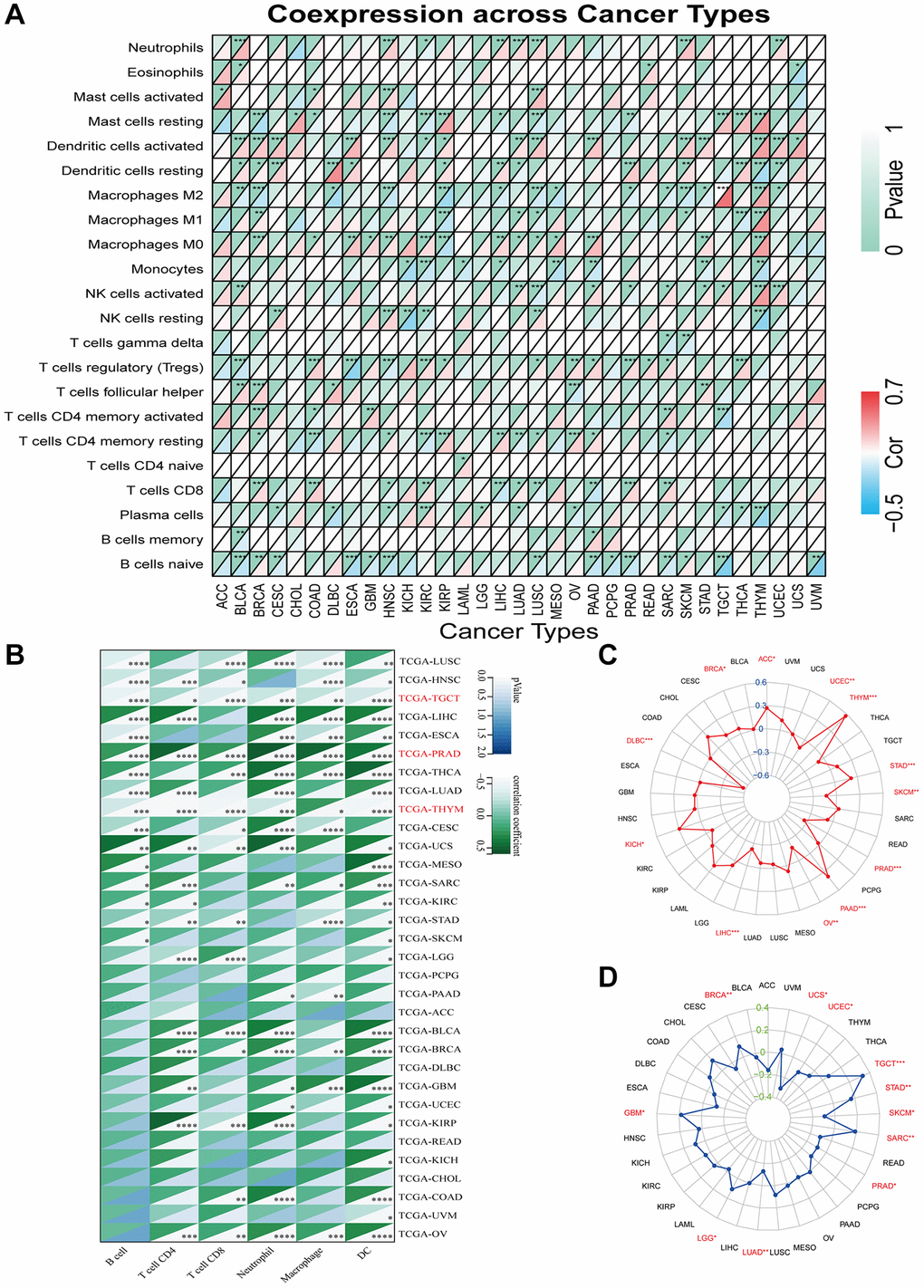 Immune characteristics related to GJB3 expression. (A, B) This heatmap displays a relationship between GJB3 level and the immune cell infiltration value calculated by the CIBERSORT (A) and TIMER algorithms (B) among pan-cancer specimens. (C, D) The correlation between GJB3 expression with TMB (C) and MSI (D) in multiple cancers. (*P **P ***P ****P 