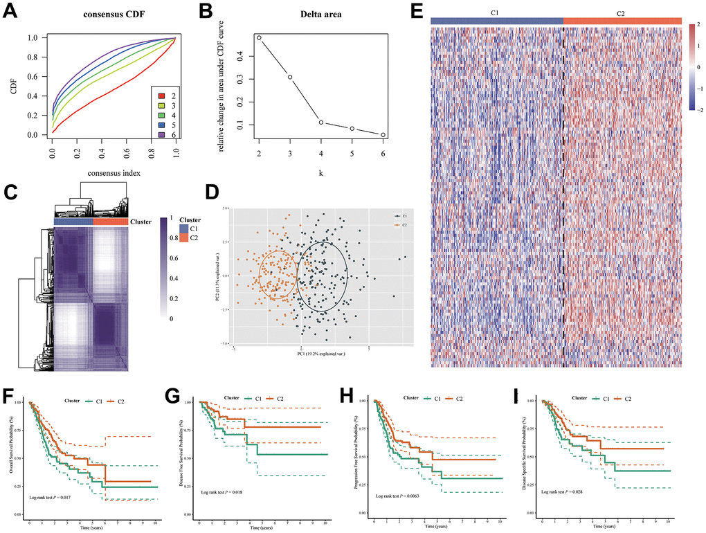 Two molecular subtypes were identified by UPR-related gene expression. (A) Consensus clustering cumulative distribution function (CDF) curve for k = 2–6. (B) Relative change in area under CDF curve for k = 2–6. (C) Consensus map, (D) PCA and (E) heatmap for UPR related gene classifier. The difference of (F) overall survival, (G) disease-free survival, (H) progression-free survival and (I) disease-specific survival between C1 and C2 group patients.