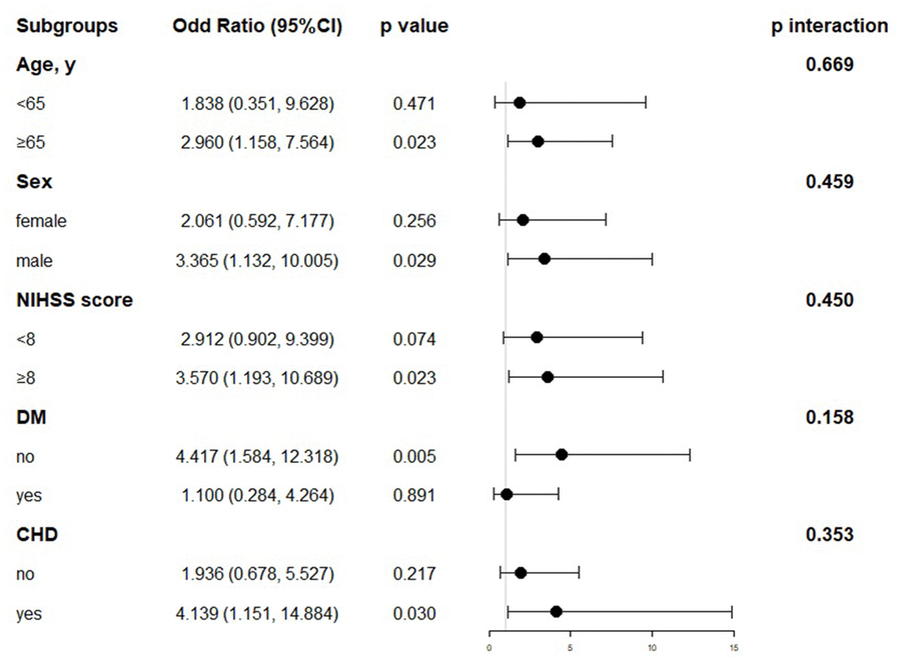 Subgroup analyses for poor outcomes by LVEF after IVT. NIHSS, National Institutes of Health Stroke Scale; DM, Diabetes mellitus; CHD, Coronary heart disease.