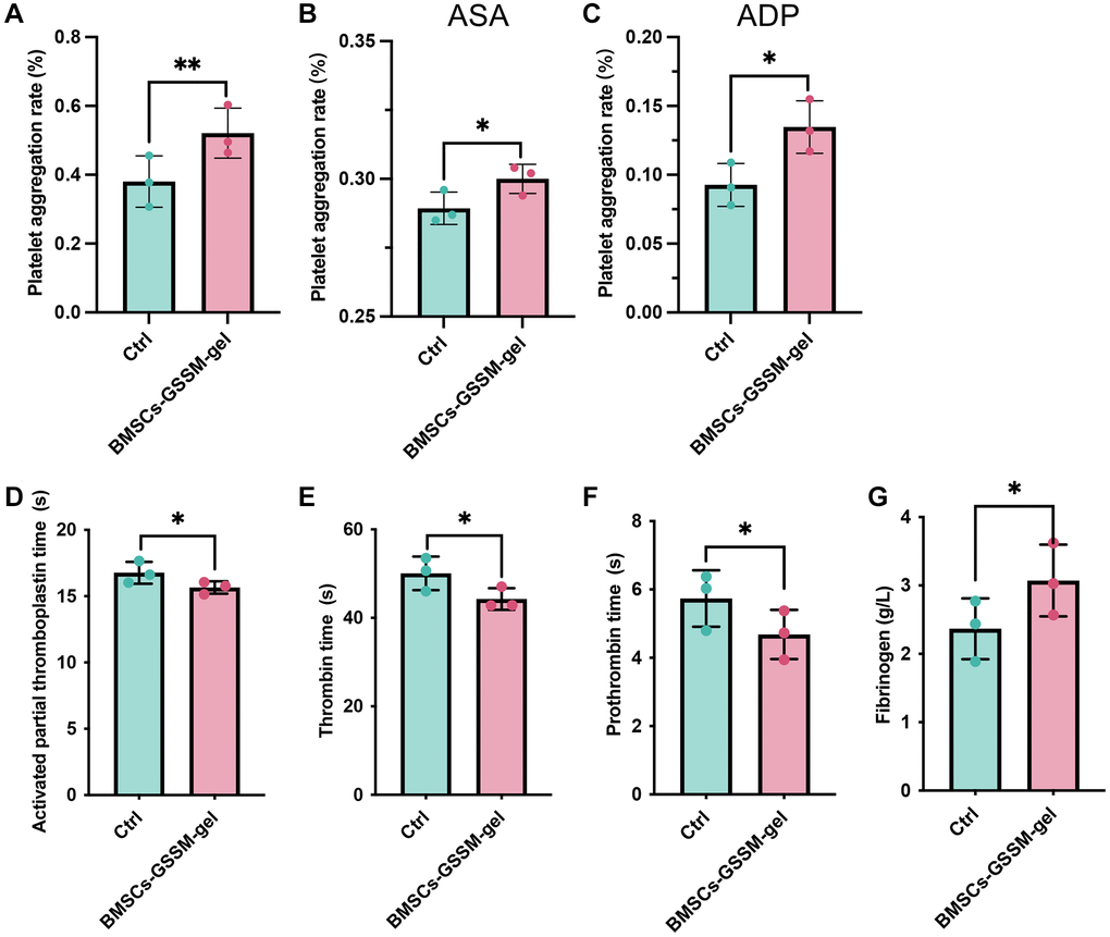 The hemostatic effect of BMSCs-GSSM-gel was evaluated. (A–C) The influence of BMSCs-GSSM-gel on platelet aggregation rate was investigated on the condition of ASA, ADP or not. (D–G) The levels of activated partial thromboplastin time, thrombin time, prothrombin time, and fibrinogen were evaluated. *p **p 