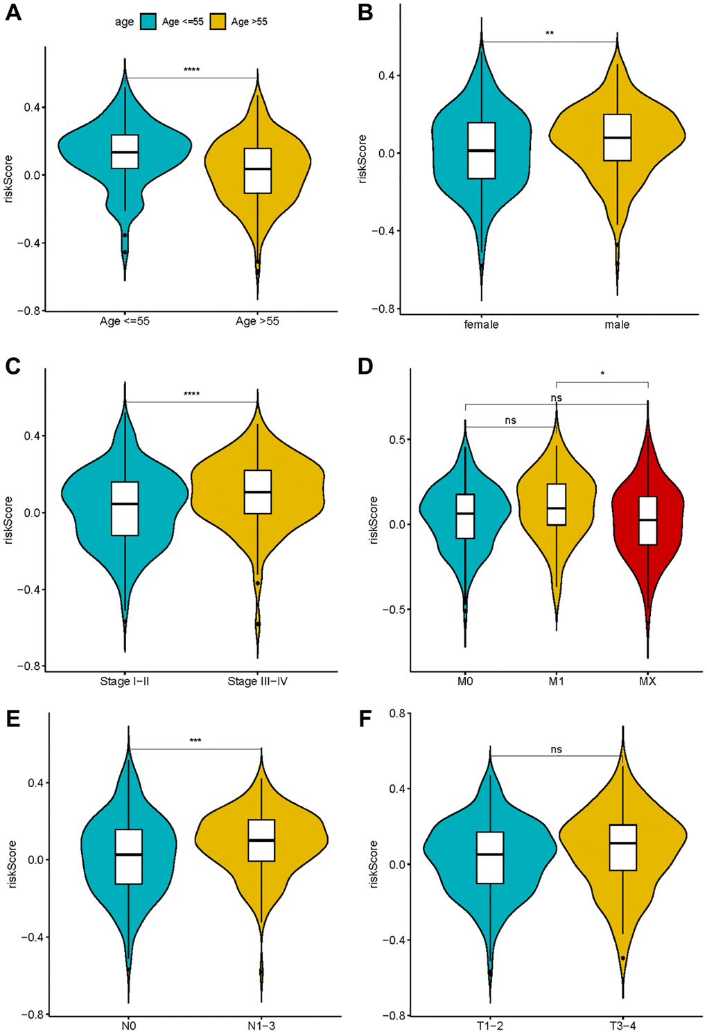 The correlation between risk score and clinical characteristics. (A) Age; (B) Sex; (C–F) TNM stage.
