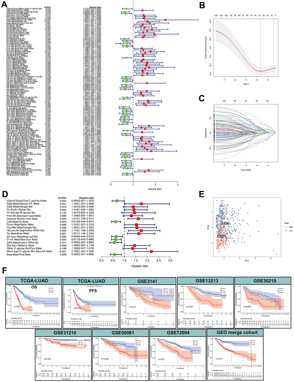 Construction of a metabolic pathway-pair score (MPPS)-based prognostic model. (A) The univariable Cox regression analysis of metabolic pathway pairs. (B, C) Determination of the number of metabolic pathway pairs by the LASSO regression analysis. (D) The multivariable Cox regression analysis of metabolic pathway pairs. (E) Principal Component Analysis of the high- and low-risk groups. (F) The Kaplan-Meier analysis of the high- and low-risk groups in TCGA-LUAD cohort and GEO validation cohorts. OS: overall survival; PFS: progression-free survival. The survival analysis was tested by log-rank test.