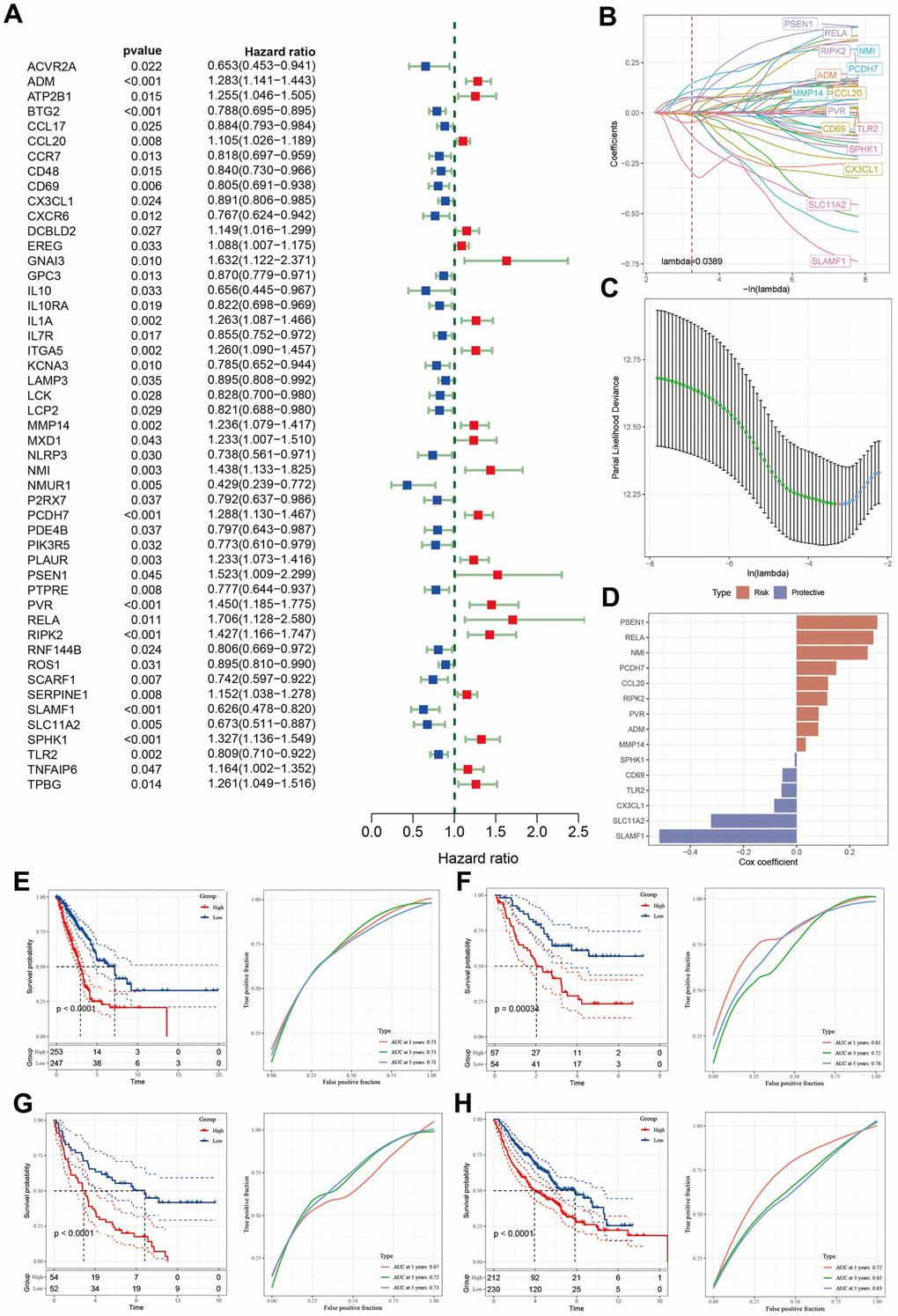 Identification of the predictive hub genes for the construction of a risk signature. (A) Forrest plot of prognosis-related inflammation genes identified by univariate Cox regression analysis. (B) The trajectory of each independent variable with lambda. (C) Plot of the generated coefficient distributions for the logarithmic (lambda) series for parameter selection. (D) Multivariate Cox coefficients for each gene in the risk signature. (E–H) Kaplan–Meier and ROC curves of the risk model constructed using the data of 15 genes from TCGA, GSE3141, GSE37745, and GSE68465 cohorts.