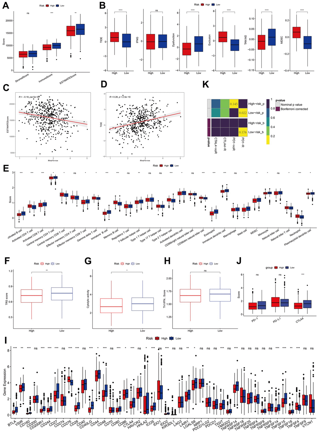 Analysis of immunity status of risk groups. (A–D) Immune status and immunotherapy between risk groups. (E–H) Active or suppressive TME between risk groups. (I, J) Exploration of immune checkpoints. (K) Submap analysis. *P 