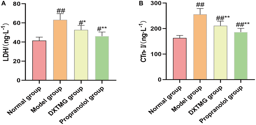 Plasma LDH and CTn-I levels in the normal group, the model group, the DXTMG group and the propranolol group. (A) lactate dehydrogenase (LDH); (B) Cardiac troponin I (CTn-I). Data are presented as the mean ± S.D. (n = 8). ##P #P **P *P 