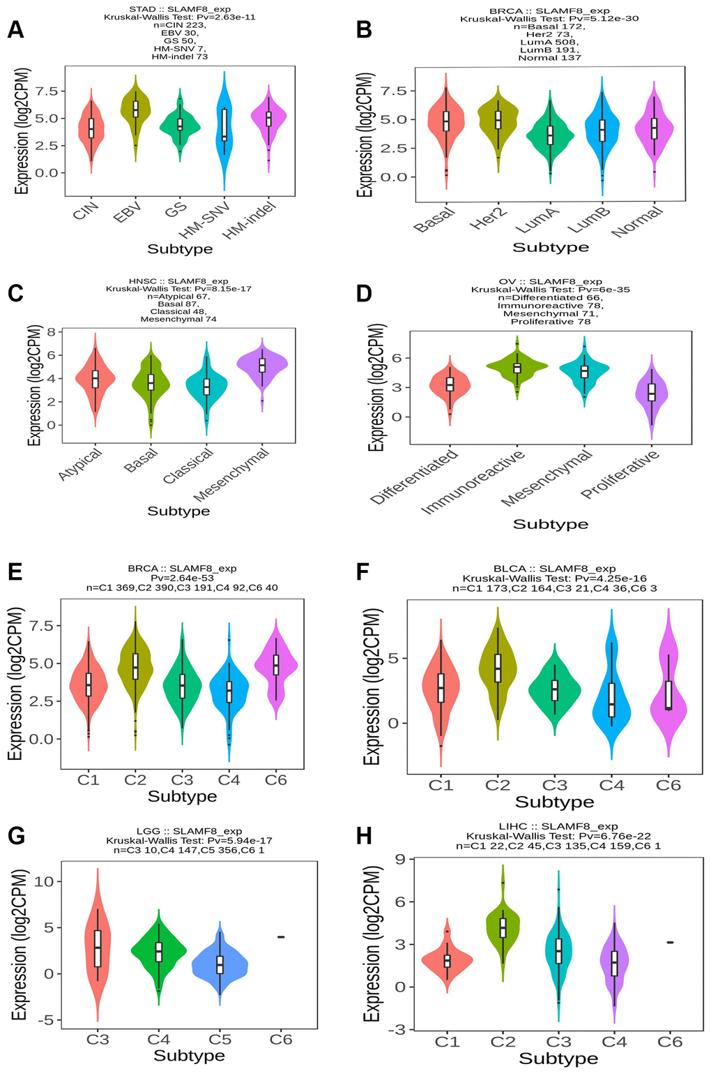 SLAMF8 expression is related to immune and molecular subtypes in pan-cancers. (A–D) The correlation between SLAMF8 expression and pan-cancer molecular subtypes. (E–H) The correlation between SLAMF8 expression and pan-cancer immune subtypes. Note: C1 (wound healing); C2 (IFN-gamma dominant); C3 (inflammatory); C4 (lymphocyte depleted); C5 (immunologically quiet); C6 (TGF-b dominant).