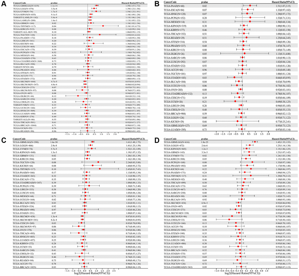 Forest plot of the relationship between SLAMF8 expression and OS (A), DFI (B), DSS (C), and PFI (D) time in days, utilizing univariate survival analysis, across 33 types of tumors.