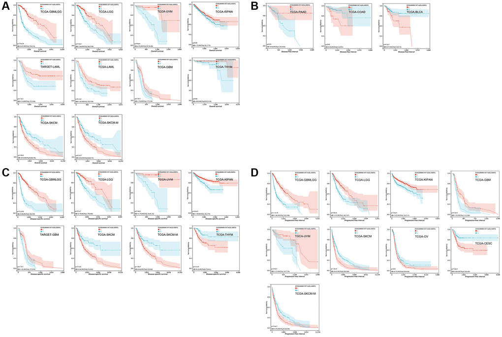 The survival curve of SLAMF8 in pan-cancer using Kaplan-Meier analysis and log-rank test. P-values A) The survival curve of SLAMF8 for OS in 10 kinds of tumor. (B) The survival curve of SLAMF8 for DFI in 3 kinds of tumor. (C) The survival curve of SLAMF8 for DSS in 8 kinds of tumor. (D) The survival curve of SLAMF8 for PFI in 9 kinds of tumor.