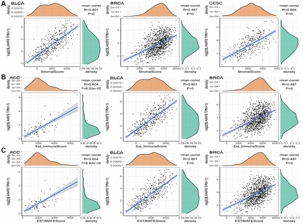 Analysis for correlation between SLAMF8 expression in pan-cancer and tumor microenvironment. (A) Correlation analysis between SLAMF8 expression and stromal score in top 3 cancers. (B) Correlation analysis between SLAMF8 expression and immune score in top 3 cancers. (C) Correlation analysis between SLAMF8 expression and estimate immune score in top 3 cancers.