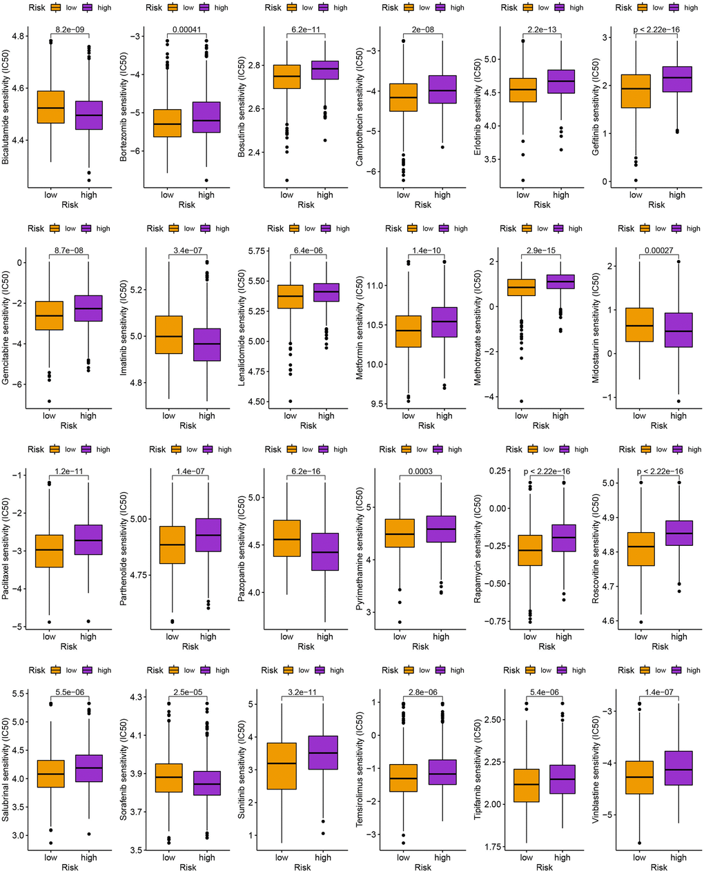 The comparison of IC50 value of anti-tumor drugs in high- and low-risk group.