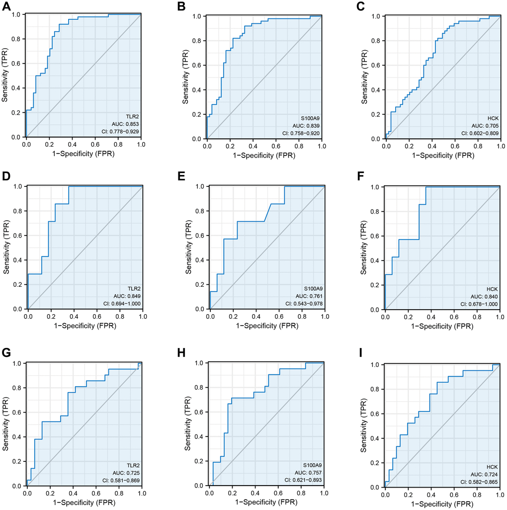 Receiver operating curve analysis of key genes. (A–C) ROC curve showing the diagnostic value of TLR2, S100A9, and HCK in GSE66360. (D–F) ROC curve showing the diagnostic value of TLR2, S100A9, and HCK in GSE60993. (G–I) ROC curve showing the diagnostic value of TLR2, S100A9, and HCK in GSE48060.