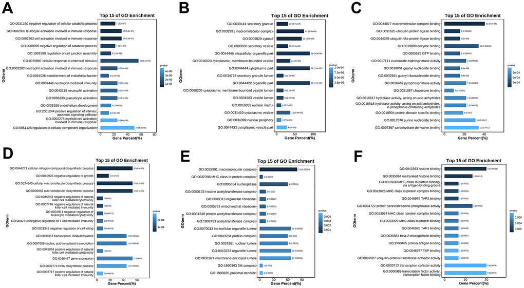 GO enrichment analysis of the hub genes. (A) GO (biological process) enrichment analysis of the upregulated differentially expressed genes. (B) GO (cellular component) enrichment analysis of the upregulated differentially expressed genes. (C) GO (molecular function) enrichment analysis of the upregulated differentially expressed genes. (D) GO (biological process) enrichment analysis of the downregulated differentially expressed genes. (E) GO (cellular component) enrichment analysis of the downregulated differentially expressed genes. (F) GO (molecular function) enrichment analysis of the downregulated differentially expressed genes.