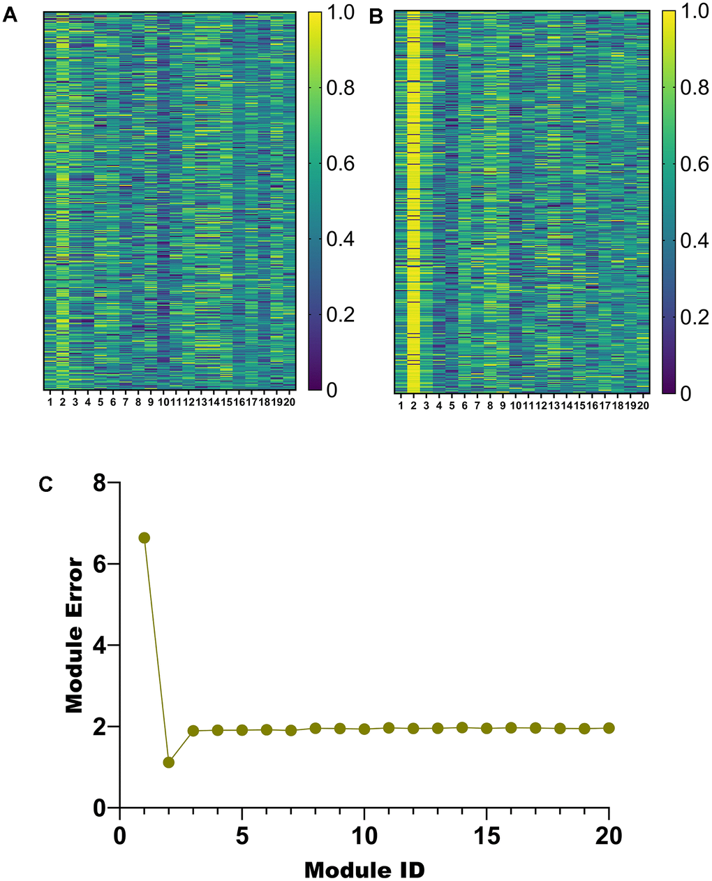 Module selection. (A) Weight heatmap of u. (B) Weight heatmap for v. (C) Error line graph for 20 modules.