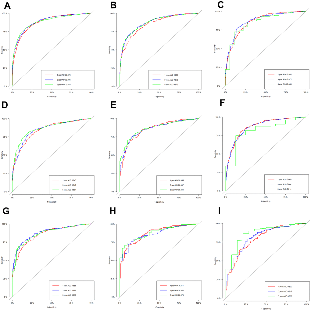 The receiver operating characteristic (ROC) curves based on nomogram. The ROC curves based on nomogram in the training, internal and external validation set of low-age group (A–C), middle-age group (D–F) and old-age group (G–I).