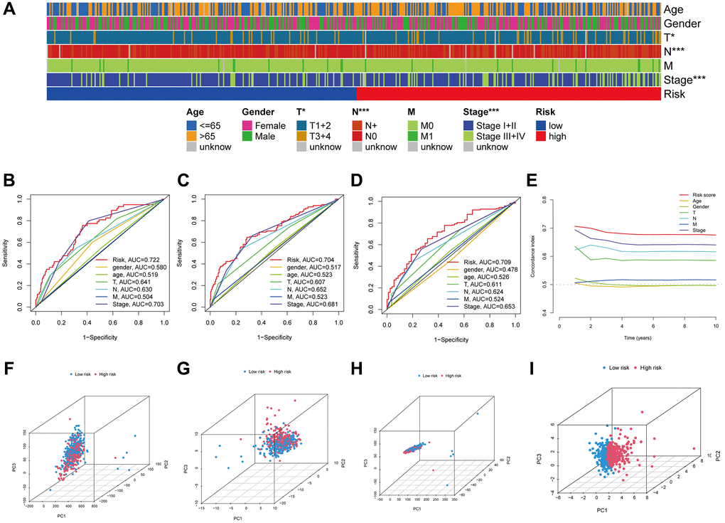 The LUAD signature’s predictive power. Visual representation of the variations in clinical characteristics between the high- and low-risk groups using a heatmap (A). The time-dependent ROC curves illustrate the risk score and clinical features’ predictive power for 1, 3, and 5 years OS (B–D). The risk score's concordance index was examined using C-index curves (E). Principal component analysis (PCA) in all genes, anoikis-related genes, anoikis-related lncRNAs and risk-related lncRNAs (F–I).
