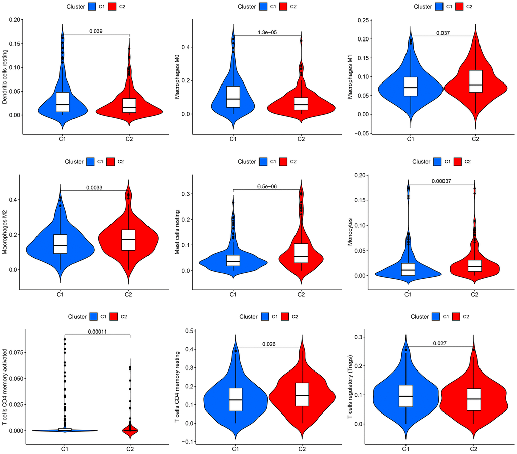 Infiltration of immune cells in the two groups. The two clusters display a violin plot illustrating dendritic cells, M0 macrophages, M1 macrophages, M2 macrophages, resting mast cells, monocytes, CD4 memory-activated T cells, CD4 memory resting T cells, and regulatory T cells (Tregs). Cluster 1 is referred to as C1, while Cluster 2 is known as C2.
