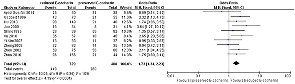 Forest plot of the odds ratio for the correlation of E-cadherin expression with tumor size (≥5 cm vs. 