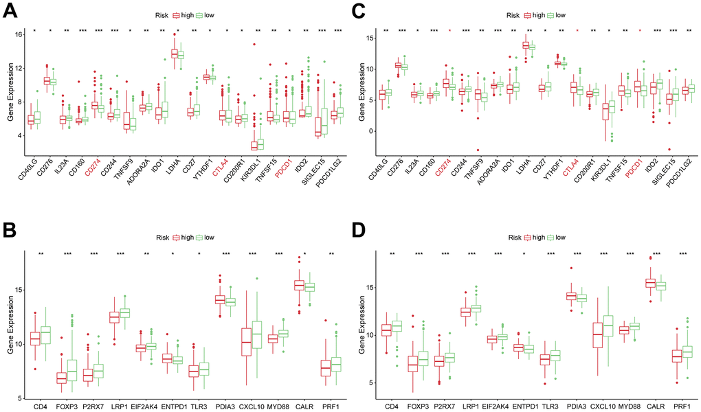 Correlation between risk subtypes and ICPs and ICD modulators. (A) Differential expression of ICP genes among the risk subtypes in TCGA cohorts. (B) Differential expression of ICD modulator genes among the risk subtypes in TCGA cohorts. (C) Differential expression of ICP genes among the risk subtypes in ICGC cohorts. (D) Differential expression of ICD modulator genes among the risk subtypes in ICGC cohorts.
