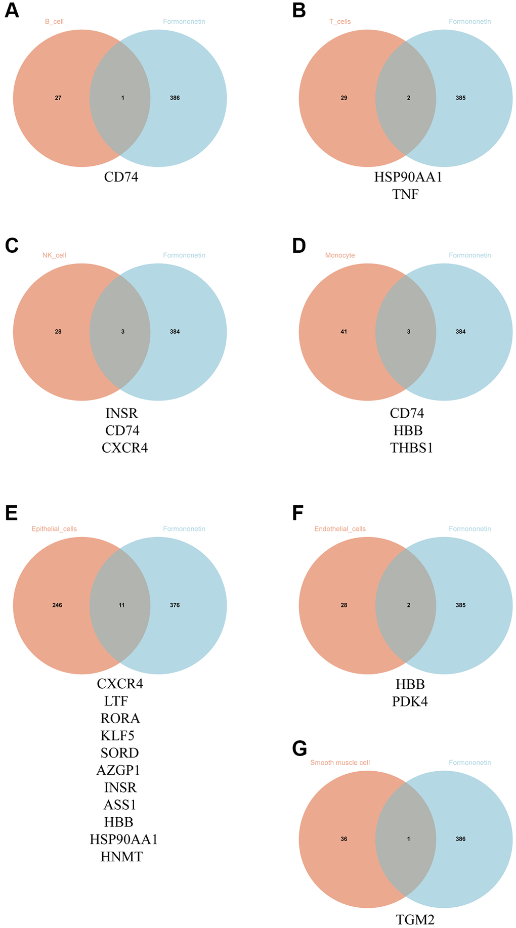 Identification of formononetin’s targets against prostate cancer in single-cell level. Venn diagram showed the number and gene symbol of common genes between formononetin and (A) B cell, (B) T cell, (C) NK cell, (D) monocyte, (E) epithelial cell, (F) endothelial cell, and (G) smooth muscle cell.