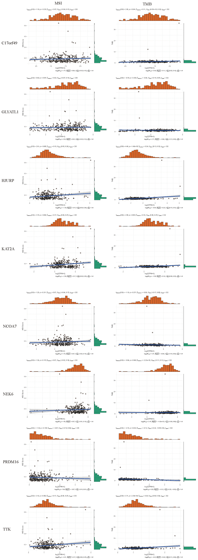 Correlation analysis of the expression of HMs with the level of MSI and TMB.