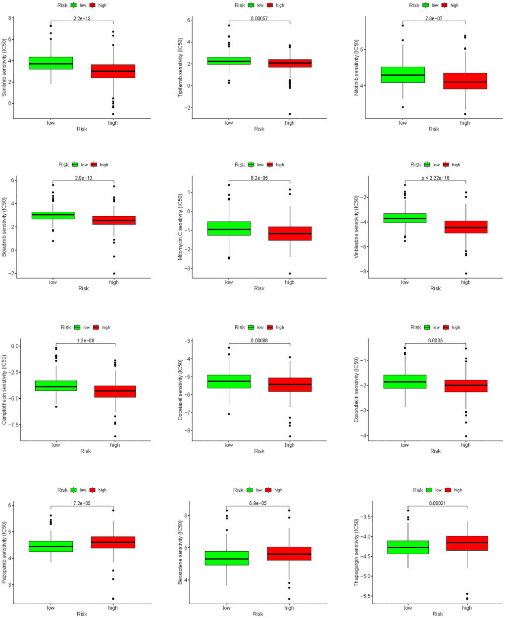 Analysis of differences in sensitivity to chemotherapy drugs between high- and low-risk groups.