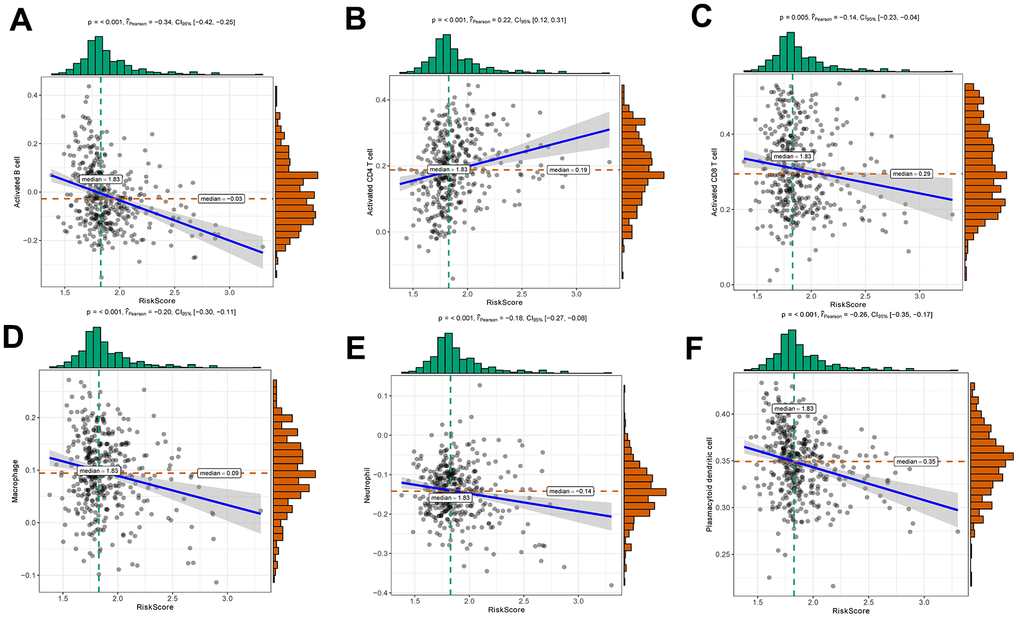 Relationships between risk score and activated B cell (A), activated CD4 T cell (B), activated CD8 T cell (C), macrophage (D), neutrophil (E) and plasmacytoid dendritic cell (F).