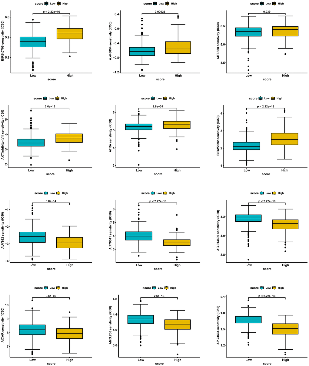 Prediction of potential sensitive drugs in high- and low-score groups.