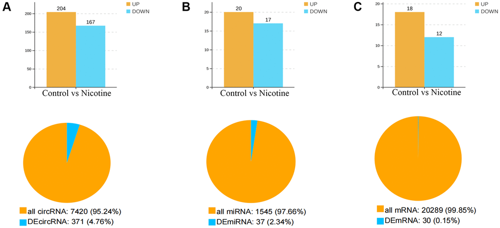 Number and expression of differentially expressed genes. (A) Quantification and expression of DEcircRNAs (|FC|>2, P B) Quantification and expression of DEmiRNAs (|FC|>1.5, P C) Quantity and expression of DEmRNAs (|FC|>1.5, P 