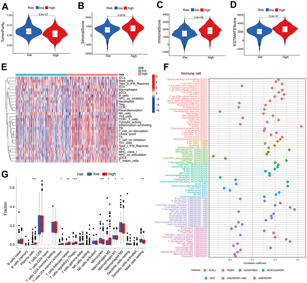High risk score suggests high immune infiltration. Relationship between risk scores and tumor purity (A), stroma score (B), immune score (C), and ESTIMATE score (D). (E) Heatmap of the abundance of immune cells in the high-risk and low-risk groups. (F) Risk score and immune cell correlation. Different colors represent different algorithms. (G) Proportion of immune cells in the high-risk and low-risk groups. *p 