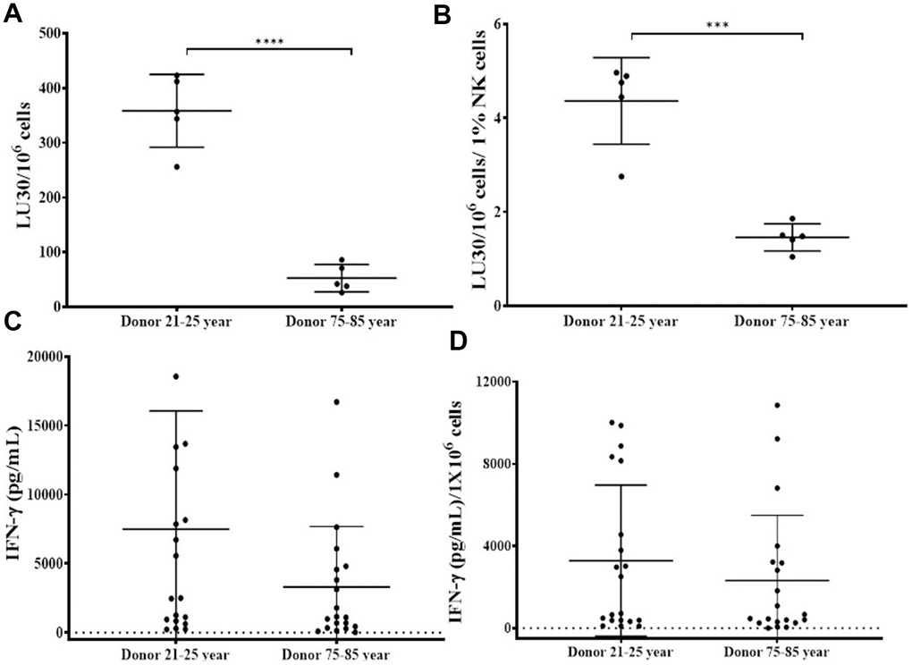 OCs induced lower levels of activation in old-age donor NK cells. Osteoclasts (OCs) were generated as described in the Materials and Methods section. NK cells and OCs co-culture was performed as described in Figure 2. NK cell-mediated cytotoxicity against OSCSCs was determined on days 9 and 15 using a standard 4-hour 51Cr release assay. The lytic units 30/106 cells were determined using the inverse number of NK cells required to lyse 30% of OSCSCs x 100 (A). Lytic units per 1 % NK cells were determined based on the percentages of CD16+/CD56+ NK cells in the cultures obtained by flow cytometric analysis (B). The supernatants were harvested from the cultures on days 6, 9, 12, 15, 18, 21, and 25 to determine IFN-γ secretion using single ELISA (C), and the levels were adjusted based on per million of NK cells (D). ****(p-value p-value 0.0001-0.001).