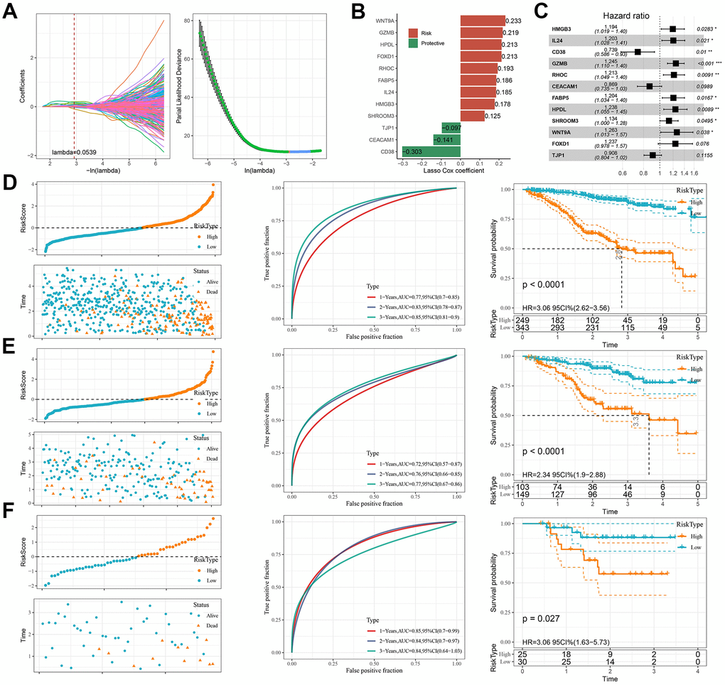 PCD-based risk model construction and validation. (A) Trajectories of each independent variable with lambda and confidence intervals under lambda. (B) Key genes of the prognostic model. (C) Forest plot of key genes of the prognostic model. (D–F) Validation of clinical prognostic models for the MMRF-COMPASS training set cohort, MMRF-COMPASS validation set cohort, and GSE57317 cohort, respectively. They are, from left to right: Risk score, survival time versus survival status and expression of prognostic genes, KM Survival Curve Distribution, and ROC Curve.