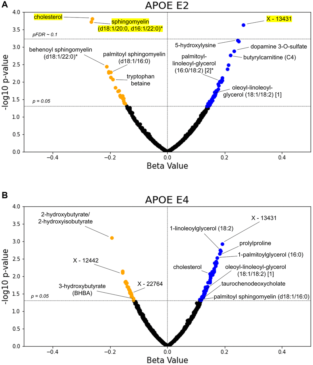 TwinsUK validates lipids as top APOE associated metabolites. The β-coefficient estimates for the APOE E2 (A) and E4 (B) groups are plotted against their -log10 pre-adjusted p-value from the metabolite GLMs. Blue data points indicate a positive association between metabolite and test group with pre-adjusted p 