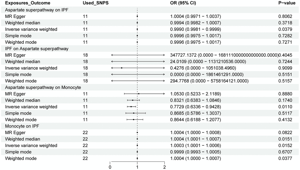 The forest plot shows the causal relationship between the aspartate superpathway, monocytes, and IPF. The relationship between the exposure variable and the outcome is calculated through several functions, including MR Egger, weighted median, inverse variance weighted (IVW), simple mode, and weighted mode. Among them, IVW is the primary method. OR: odds ratio; CI: confidence interval.