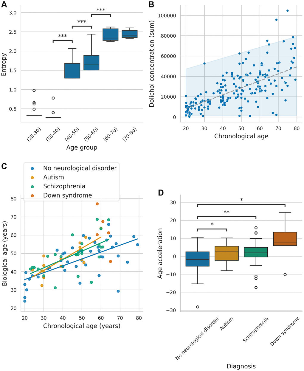 Association between entropy, biological age, and biomarkers across neurological conditions. (A) Boxplots of entropy across different age groups (only significant P-values are annotated: P *, P **, P ***). (B) Behavior of summed dolichol concentration through age, with a 95% confidence interval. (C) Predicted values of the models for all samples, including groups with no neurological disorder, autism, schizophrenia, and Down syndrome. (D) Boxplot comparing age acceleration across the different groups (Only significant P-values are annotated: P *, P **, P ***).