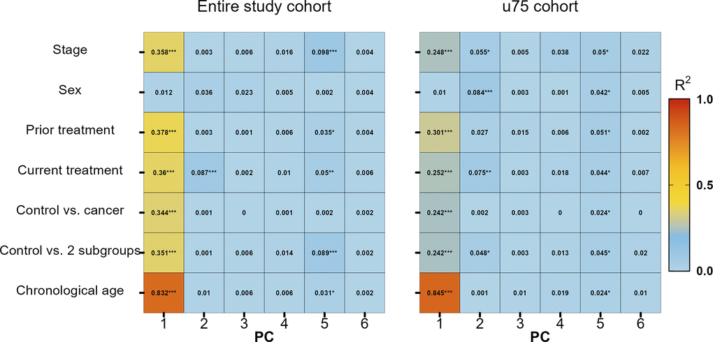 Variable association of stage, sex, previous treatment, current treatment, control vs. all cancer patients, control vs. two subgroups (solid and hematologic tumours) and chronological age with principal components (PC) 1 to 6. * p-value ≤ 0.05, ** p-value ≤ 0.01, *** p-value ≤ 0.001.