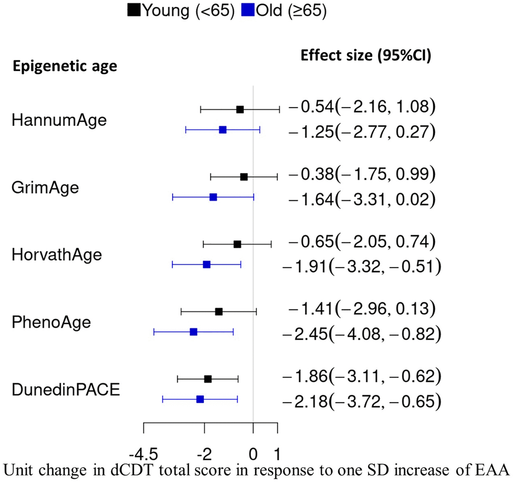 Comparison of effect size in the association between DNAm age acceleration and the dCDT total score. DNAm age acceleration was obtained by regressing DNAm metrics on chronological aging, followed by standardization with a mean of zero and SD of one. We conducted an association analysis between the dCDT total score and standardized DNAm age acceleration. CI, confidence interval.