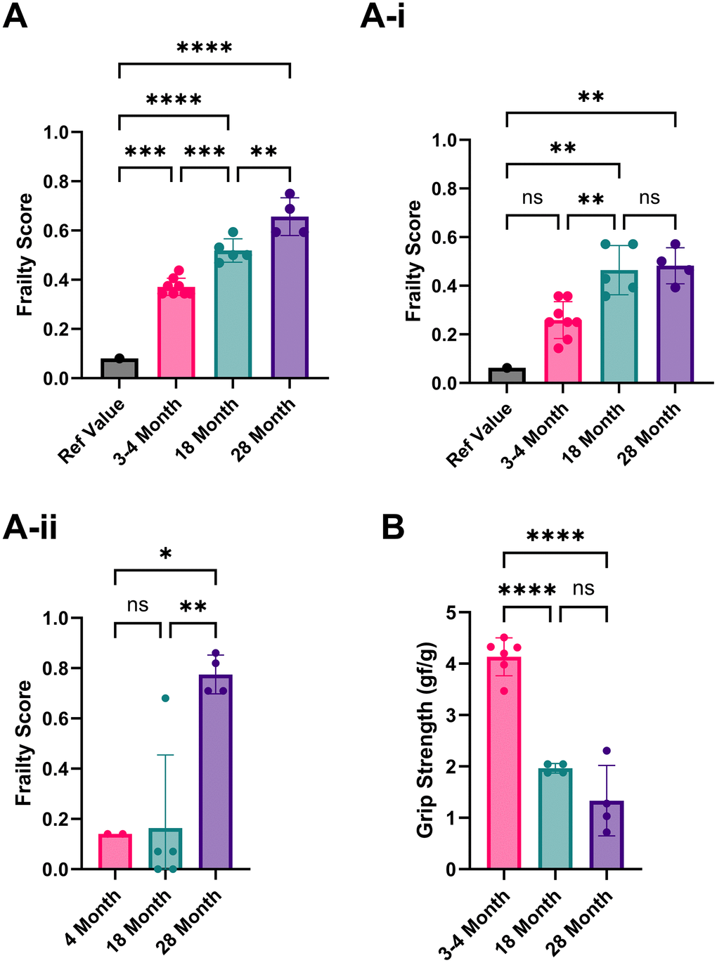 Analysis of the frailty phenotype in 3-4, 18, and 28-month-old C57BL/6 mice. (A) Frailty index scores implemented using Parks et al., 2012 reference values. (A–i) Frailty index scores implemented using Whitehead et al., 2014 reference values. (A–ii) Frailty index scores using our own 3–4-month-old mice as reference values. (B) Grip strength (average forelimb parallel bar score) is normalized to weight for 3-4, 18, and 28-month-old mice. P-values ≤ 0.05 (*), ≤ 0.01 (**), ≤ 0.001 (***), ≤ 0.0001 (****) were calculated using one-way ANOVA for three or more independent groups or unpaired t-tests for just two independent groups. Columns represent the mean with error bars ± SD.