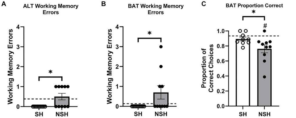 Performance on test day ALT and BAT. (A) Total number of working memory errors made during the ALT test. (B) Total number of working memory errors made during the BAT test. (C) Proportion of correct choices made during the BAT test. Abbreviations: ALT: alternation task; BAT: biconditional association task; SH: socially housed; NSH: non-socially housed. Error bars represent standard error of the mean. Dashed lines represent population (test-values) averages obtained from the young cohort and #signifies p t-tests. *signifies p t-tests.