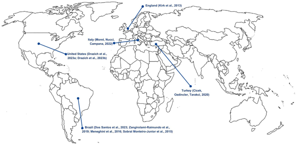 Global geographic distribution of studies on the effects of exergames on mood states in older adults. Country (Article references).
