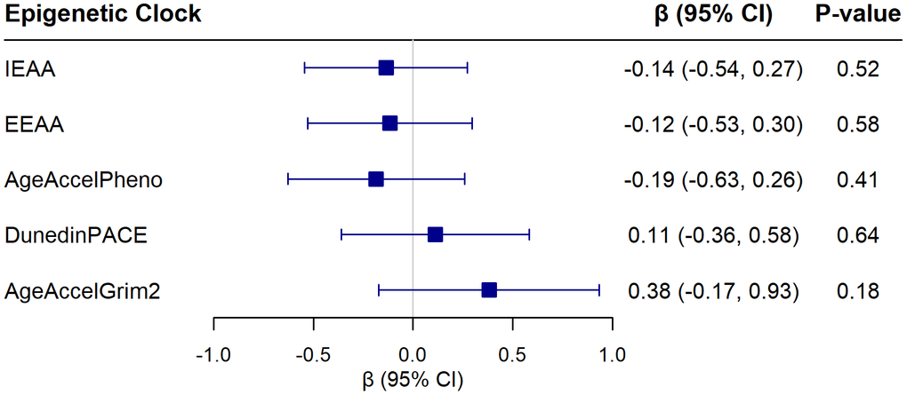 Associations of five epigenetic aging clocks with SPARE-BAA from linear regression models adjusting for chronological age, hormone therapy trial arm, education, smoking status, race, ethnicity, physical activity, BMI, diabetes, cardiovascular disease, cancer, and blood cell composition (models for IEAA and EEAA did not include blood cell composition). Beta coefficients are reported for each 1 standard deviation increase in the epigenetic measure.