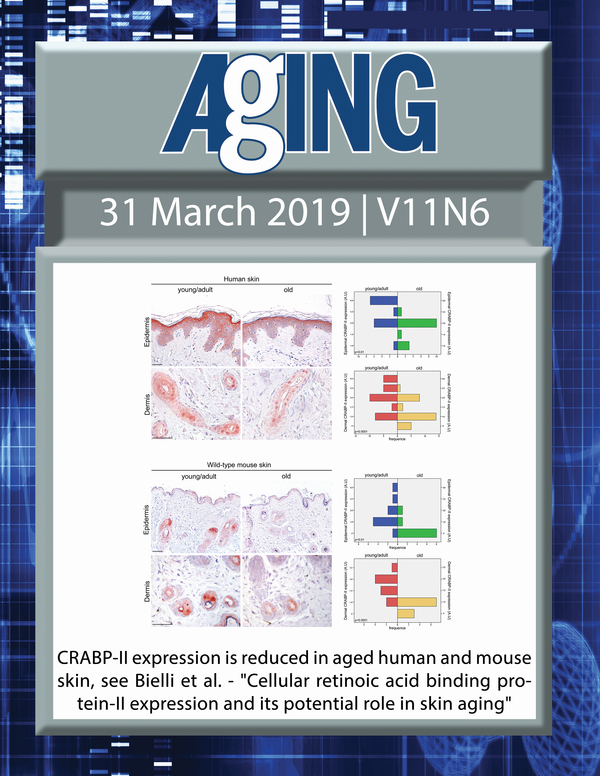 The cover features Figure 1 "CRABP-II expression is reduced in aged human and mouse skin" from Bielli et al.