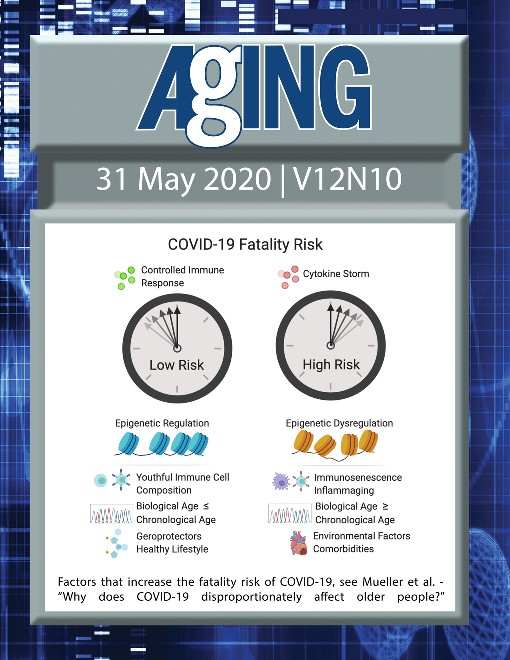 The cover features Figure 2 "Factors that increase the fatality risk of COVID-19“ from Mueller et al.