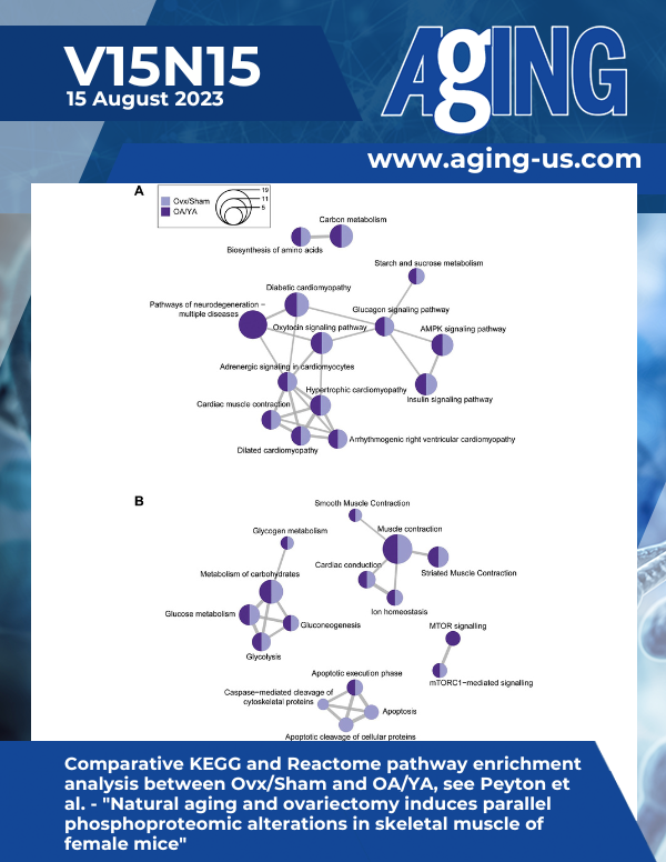 The cover features Figure 4 "Comparative KEGG and Reactome pathway enrichment analysis between Ovx/Sham and OA/YA" from&nbsp;Peyton et al.