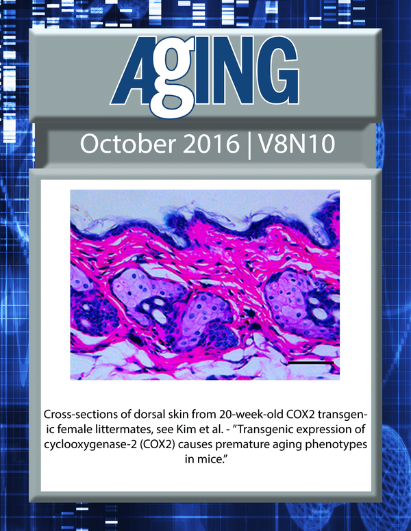 The cover for issue 10 of Aging features Figure 2G, ''Transgenic expression of cyclooxygenase‐2 (COX2) causes premature aging phenotypes in mice" from Kim et al.