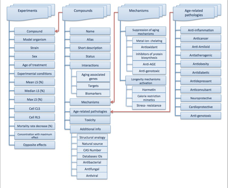 Data structure of Geroprotectors.org, showing that data is structured into 4 main blocks: Experiments, Compounds, Mechanisms, and Age-Related Pathologies, each of which contains multiple blocks of information providing a well-rounded profile of geroprotective compounds under investigation.