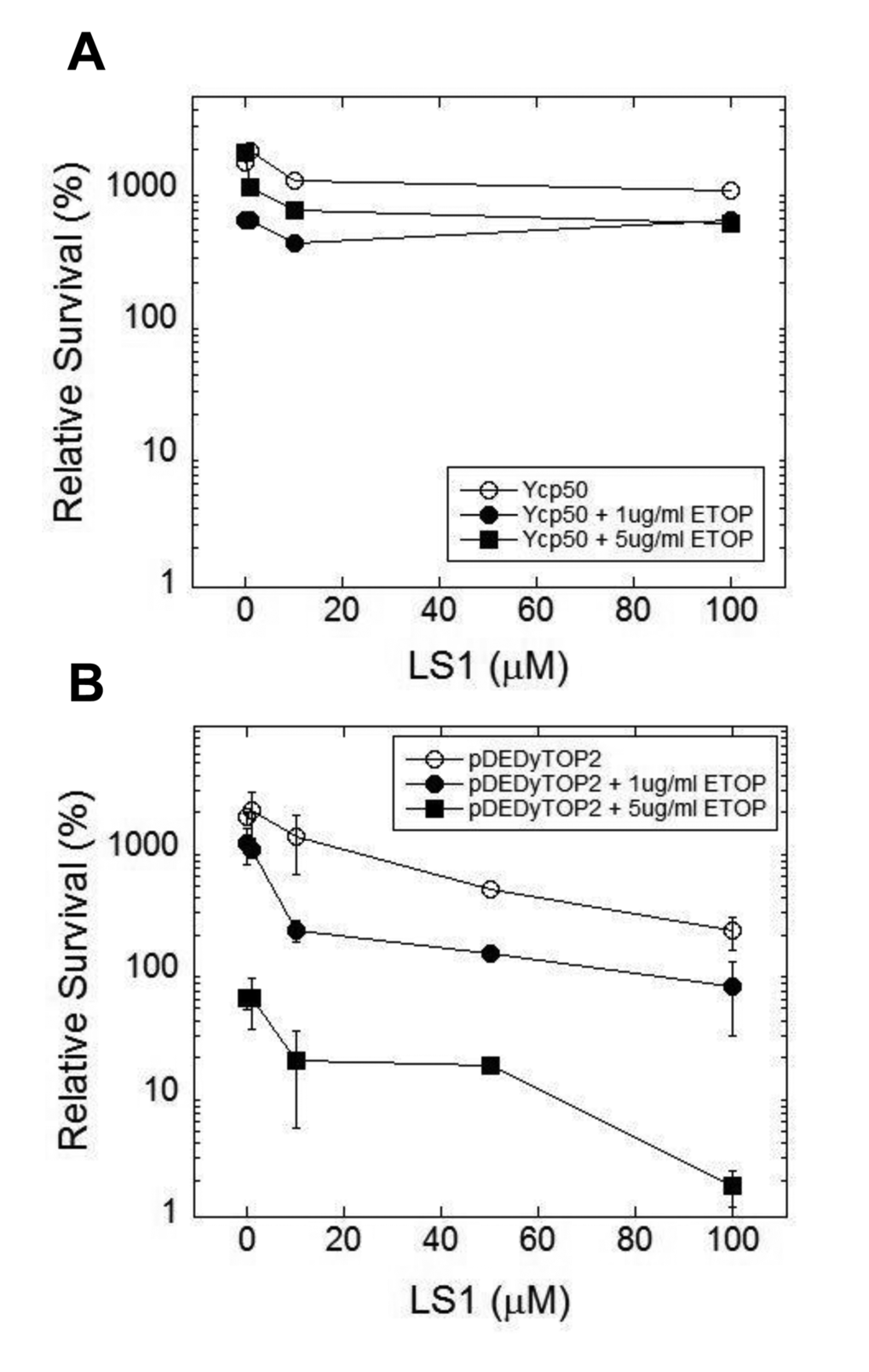 LS1 enhances killing of yeast by etoposide. LS1 enhances etoposide (ETOP) cytotoxicity in cells overexpressing TOP2. (A) Cells expressing native levels of TOP2 are not sensitive to ETOP in the presence of LS1. Cells contained an empty CEN plasmid Ycp50. (B) Overexpression of TOP2 (YCPpDED1-TOP2) increased sensitivity to ETOP in the presence of LS1. Yeast strain YMM10 [80], which contains gene deletions in several drug efflux pumps, was used to promote ETOP sensitivity.