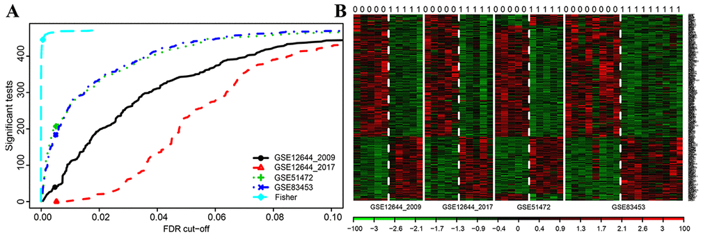 Microarray analysis for DEGs of integrated multiple datasets. (A) Fisher’s method tests the integrated multiple profiles of the shared DEGs’ expression; (B) Integrated heat map of significantly expressed DEGs with each row representing a probe and each column representing a sample. Expression levels are depicted according to the color scale, shown at the bottom. The red color indicated high expressed genes and the blue color indicated low expressed genes, above and below the median, respectively. The magnitude of deviation from the median is represented by the color saturation.
