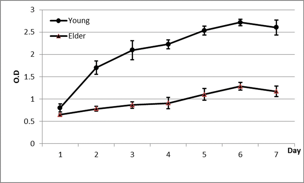 Proliferation curve of BMSCs from aged and young macaques as determined by the CCK-8 method
